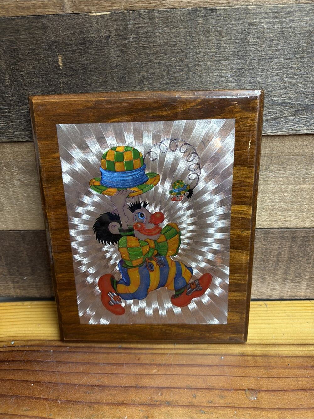 Vintage Dufex Foil Circus Clown Print On Wood Decor 10x8